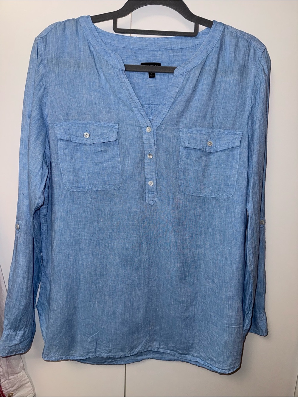 Talbots Womens Light Blue Long-Sleeve linen Henley Shirt Sz L preppy coastal